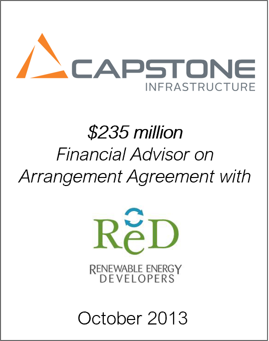 1er octobre 2013 : Origin Merchant Partners conseille Capstone Infrastructure Corp. sur son accord d&rsquo;arrangement avec Renewable Energy Developers Inc.